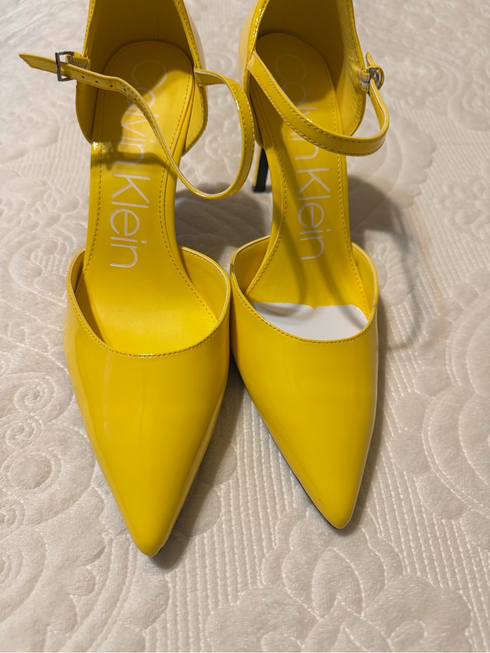Calvin Klein Yellow Pointed Toe Patent Leather Ankle-Strap Pumps